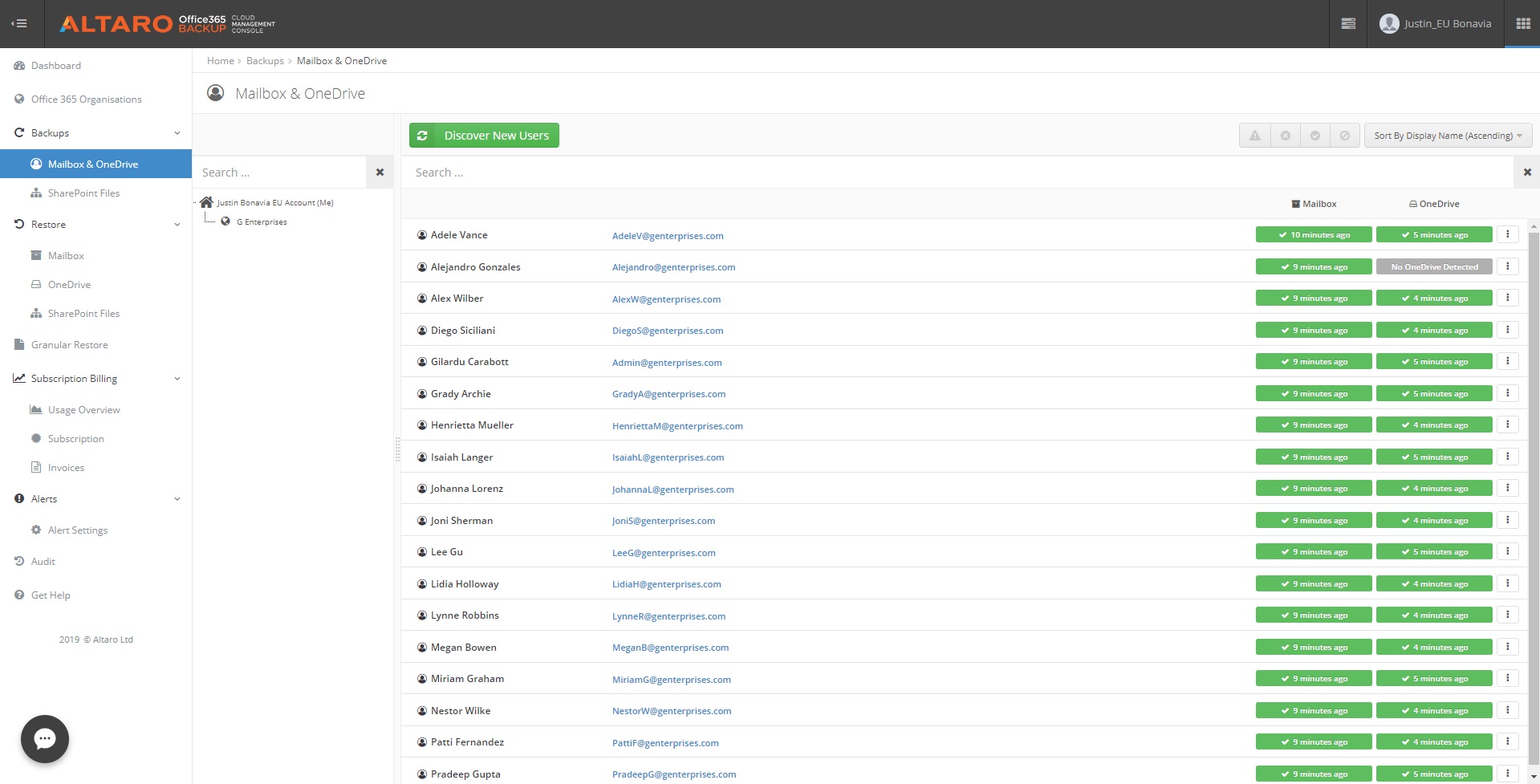 Office 365 Backup Dashboard – Backup von Postfächern