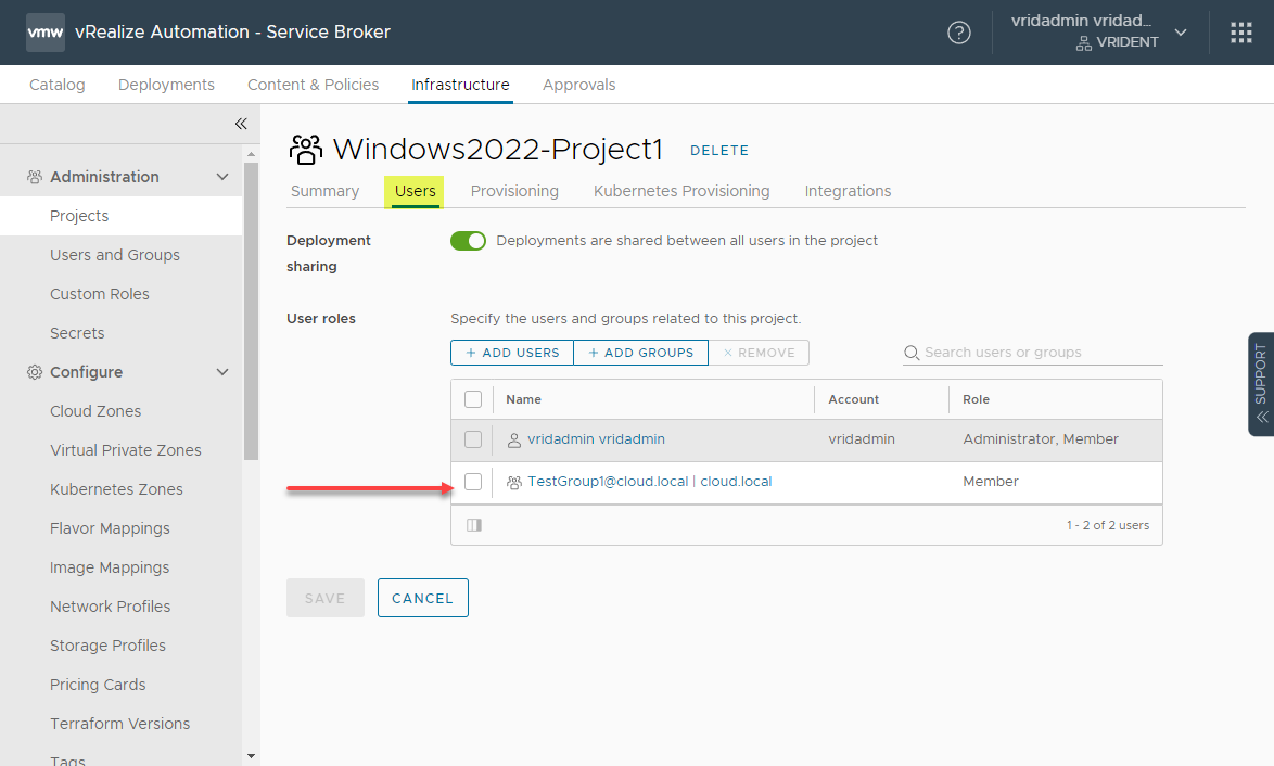 Adding an Active Directory user to a vRA project