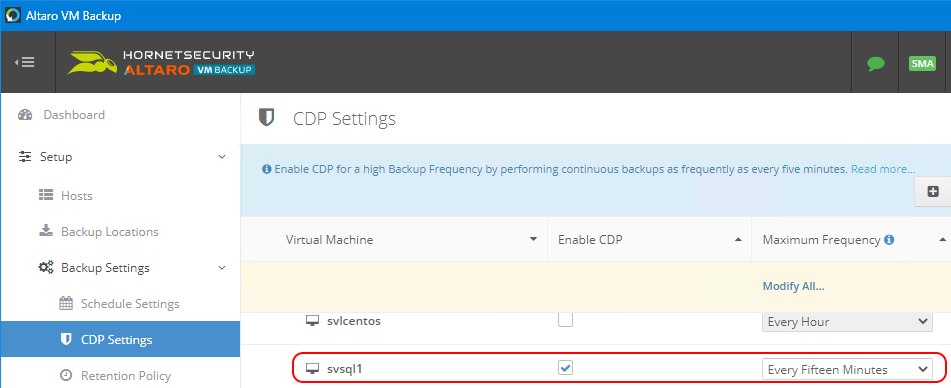 Altaro Backup CDP Settings