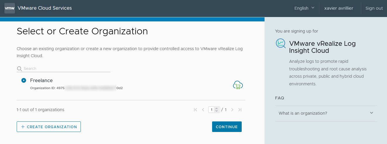 An organization with the details you filled earlier should be pre-created and checked. Click CONTINUE here