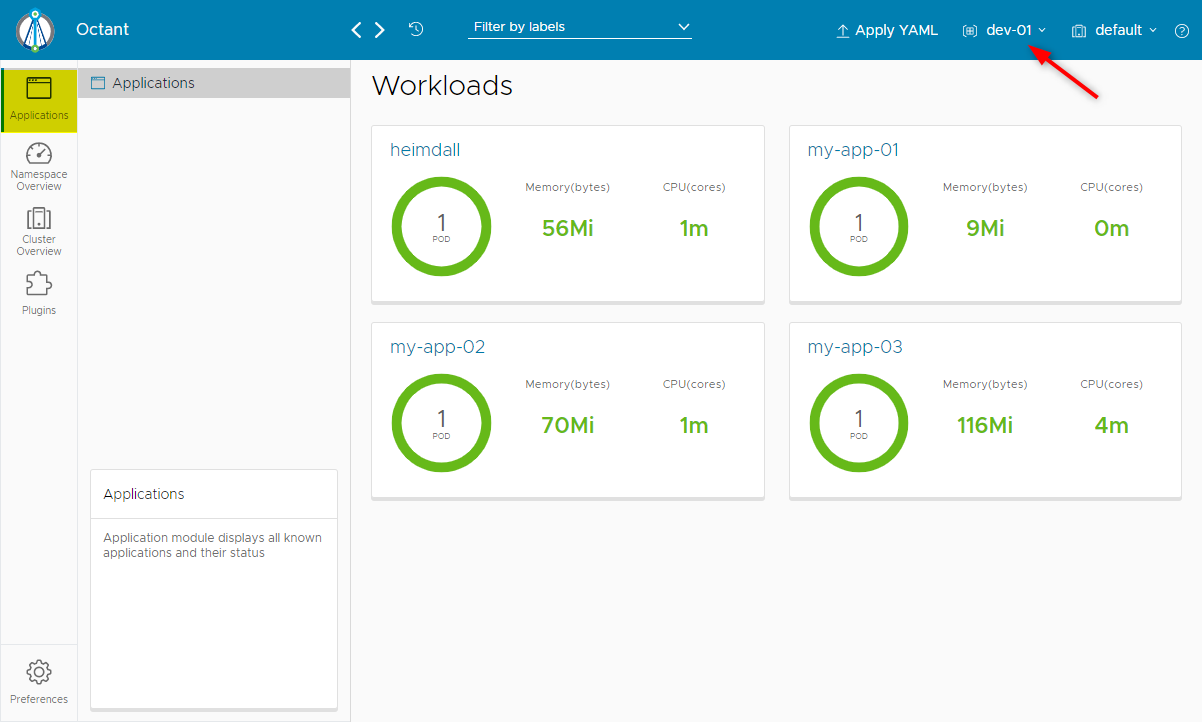 Applications appear in the Applications view of the UI