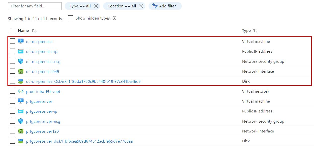 Azure resource group with all the components created upon creating "dc-on-premise" VM