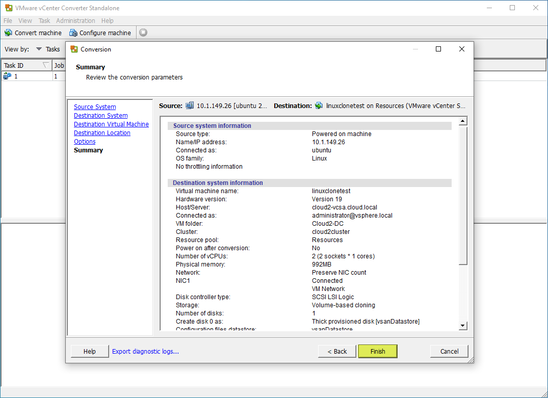 Begin the conversion of the Linux host with VMware Converter