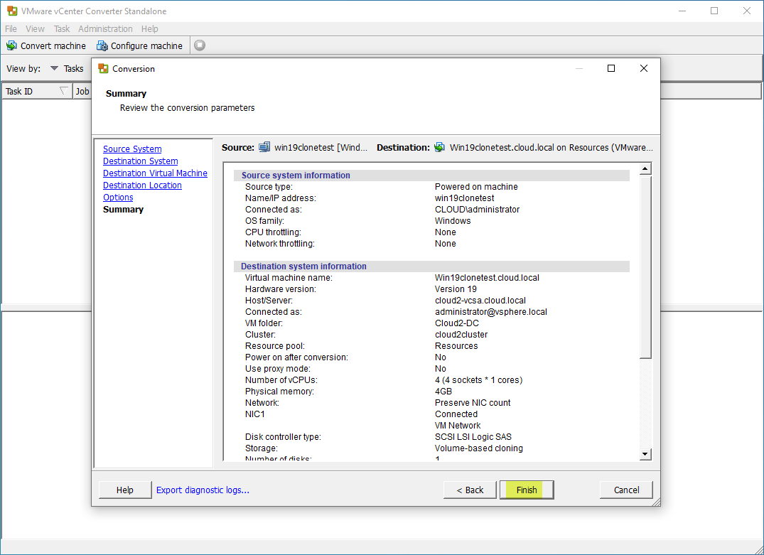 Begin the conversion operation for the Windows host