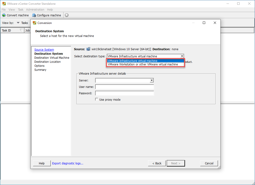 Choose the destination system for the conversion