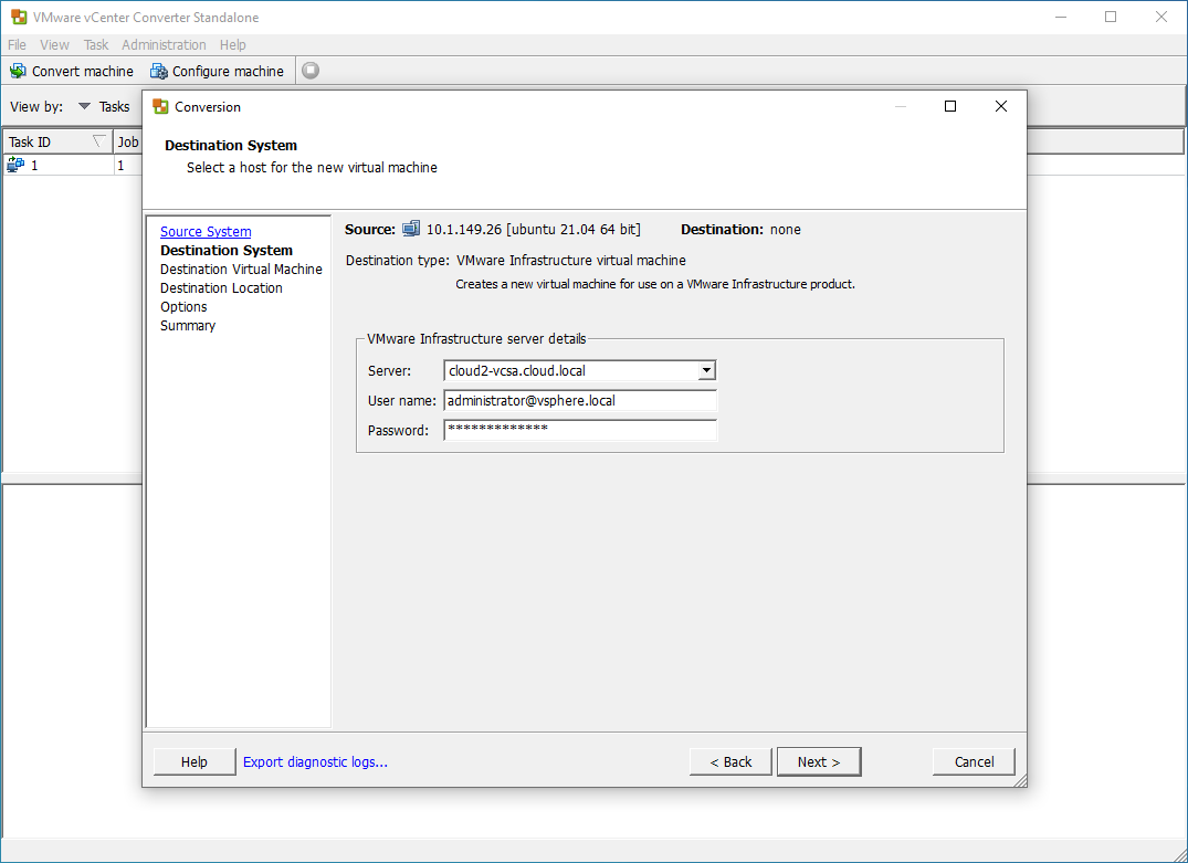 Choose the destination system for the Linux machine