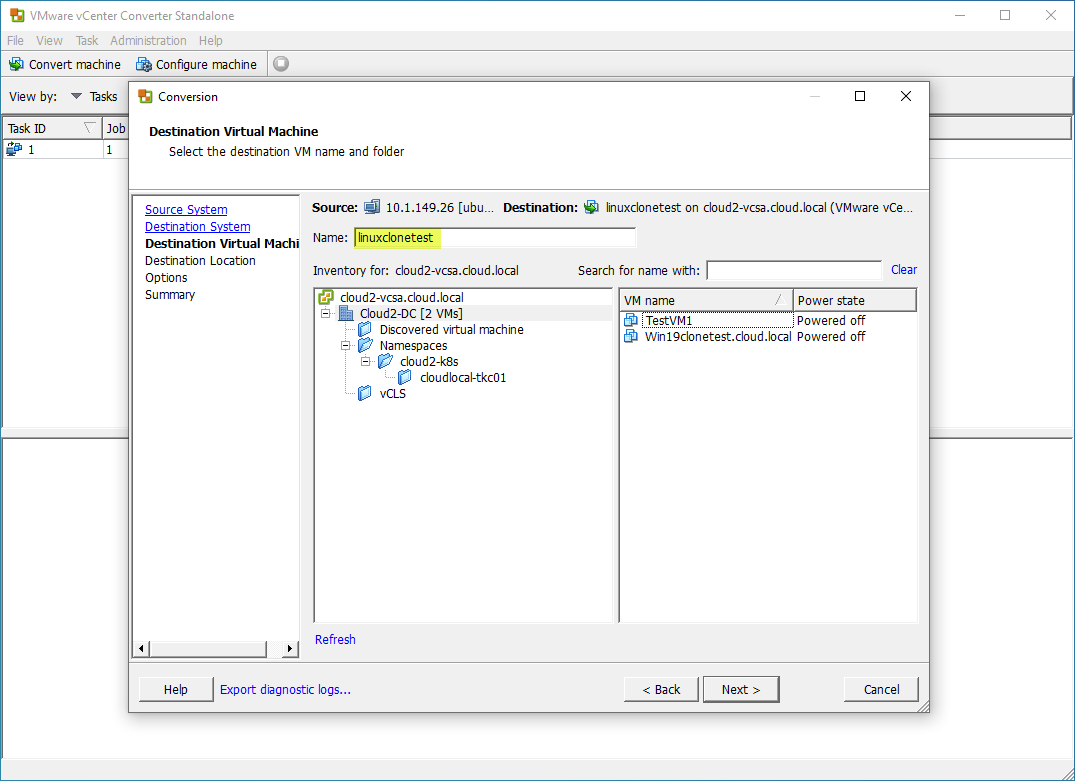 Choose the virtual machine name for the vSphere inventory