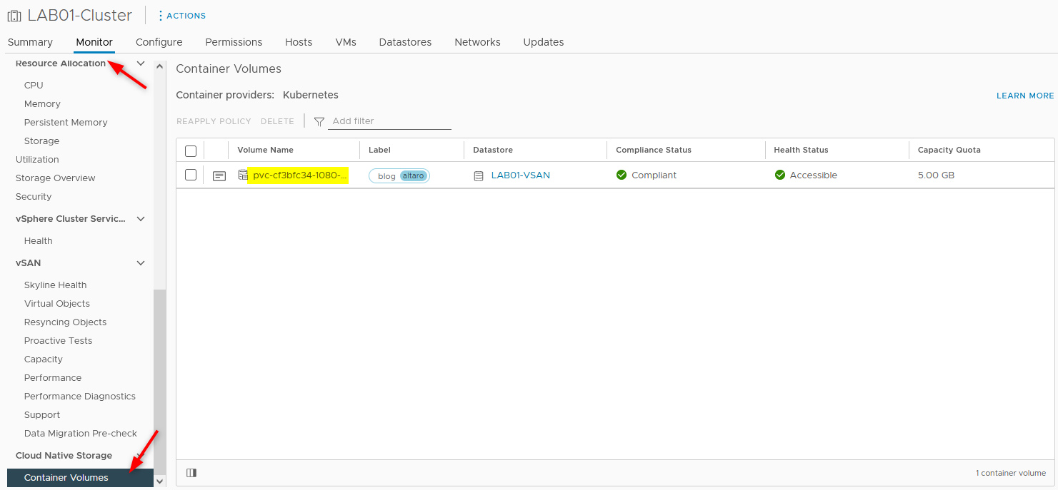 Cluster > Monitor > Container Volumes.