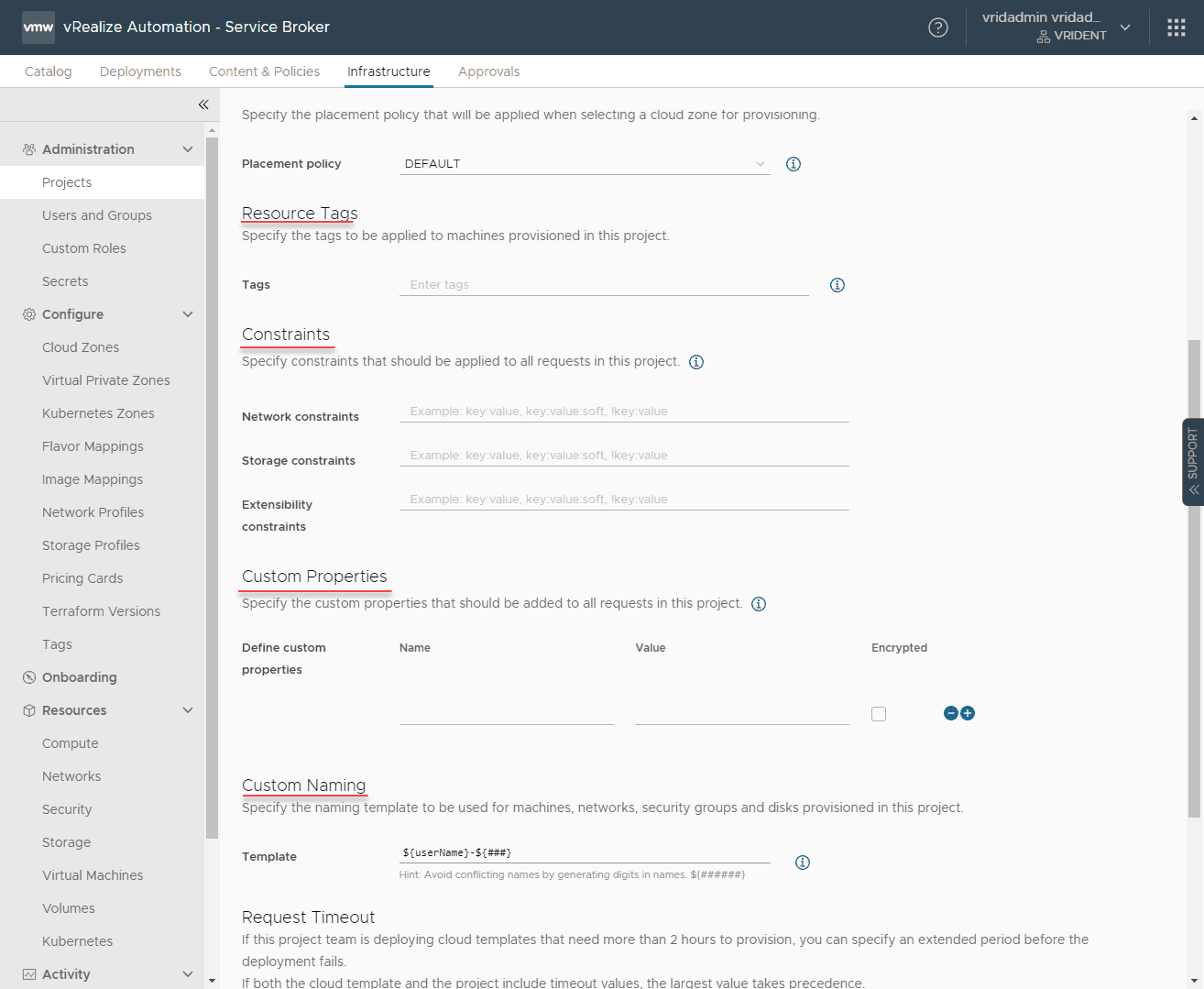 Configuring constraints for a vRA project