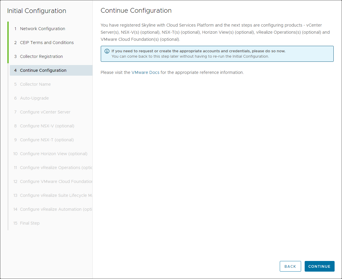Continue configuration of VMware Skyline collector