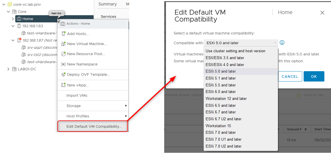 Default compatibility settings change the preselected virtual Hardware version