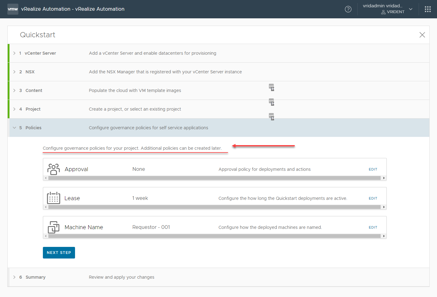 Defining governance settings during the vRA Quickstart