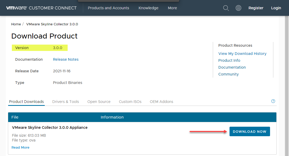 Downloading the VMware Skyline Collector v3.0 appliance from VMware