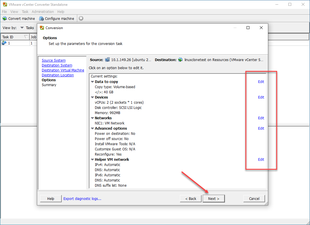 Edit the configuration options on the Options screen for the Linux VM