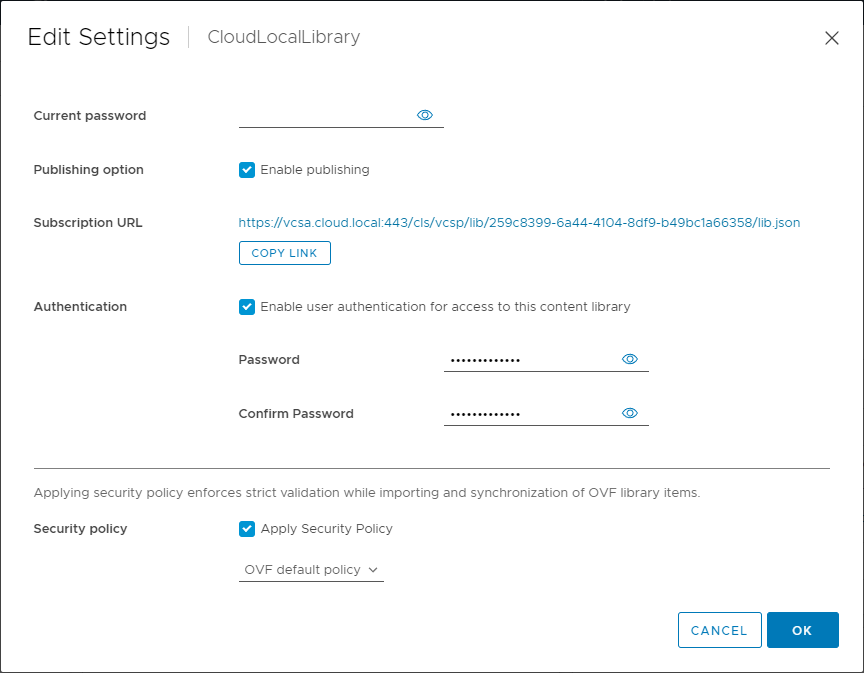 Editing the settings of a VMware Content Library