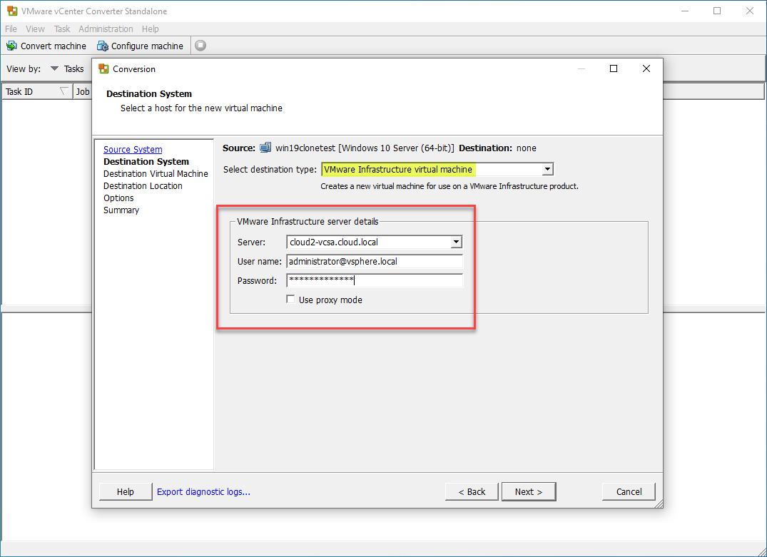 Enter the destination system and credentials for the conversion