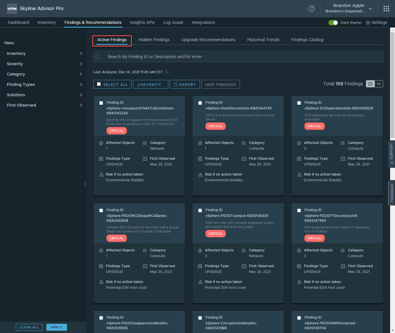 Findings displayed in VMware Skyline Advisor Pro