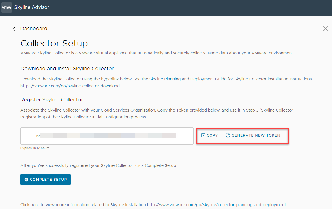 Generating a registration token for registering the Skyline Collector