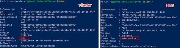 Content of $DefaultVIServer when connected to a vCenter and a standalone host