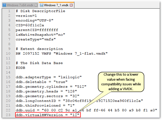 Inspecting or changing the hardware version for a VMDK