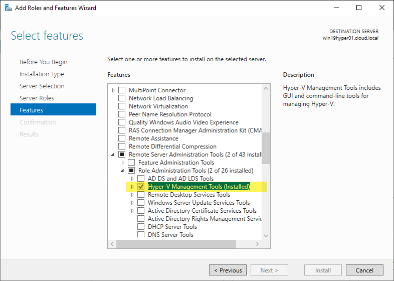 Installing the Hyper-V Management Tools including the PowerShell module
