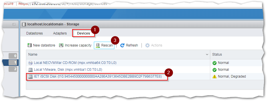 LUN is not listed, hit the Rescan button