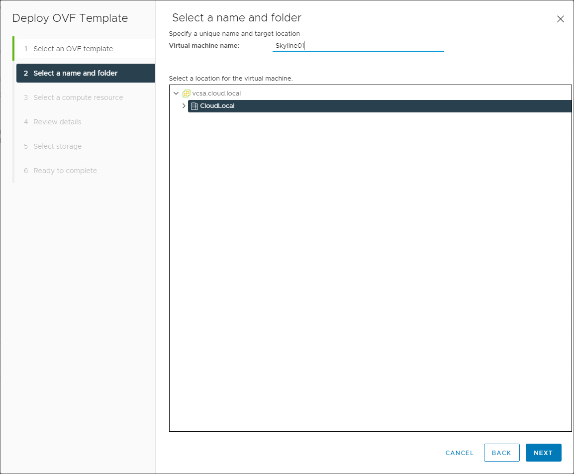 Name and select the folder for the VMware Skyline Collector appliance