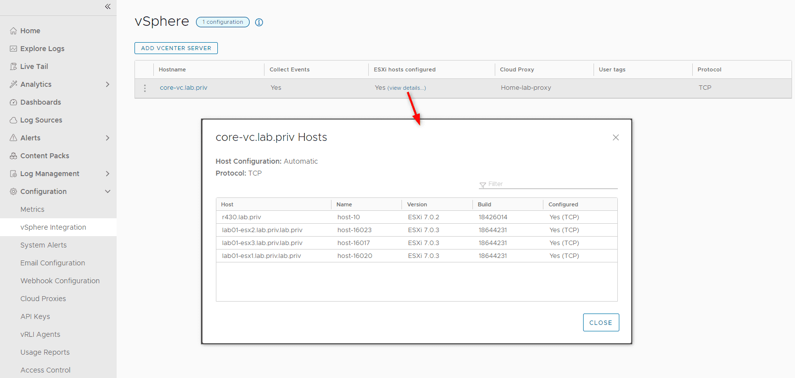 Once this is successfully completed, you should see the configured hosts in the vSphere Integration page