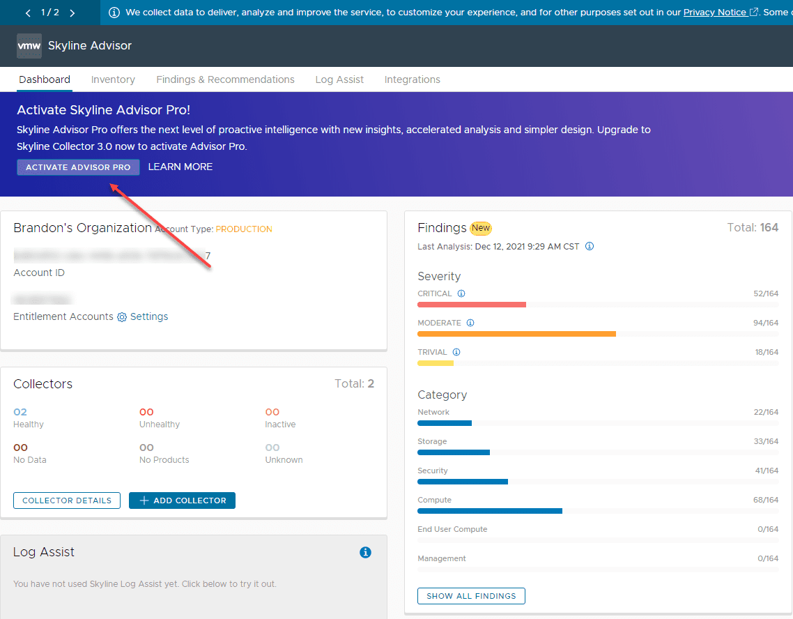 Option to upgrade to VMware Skyline Advisor Pro