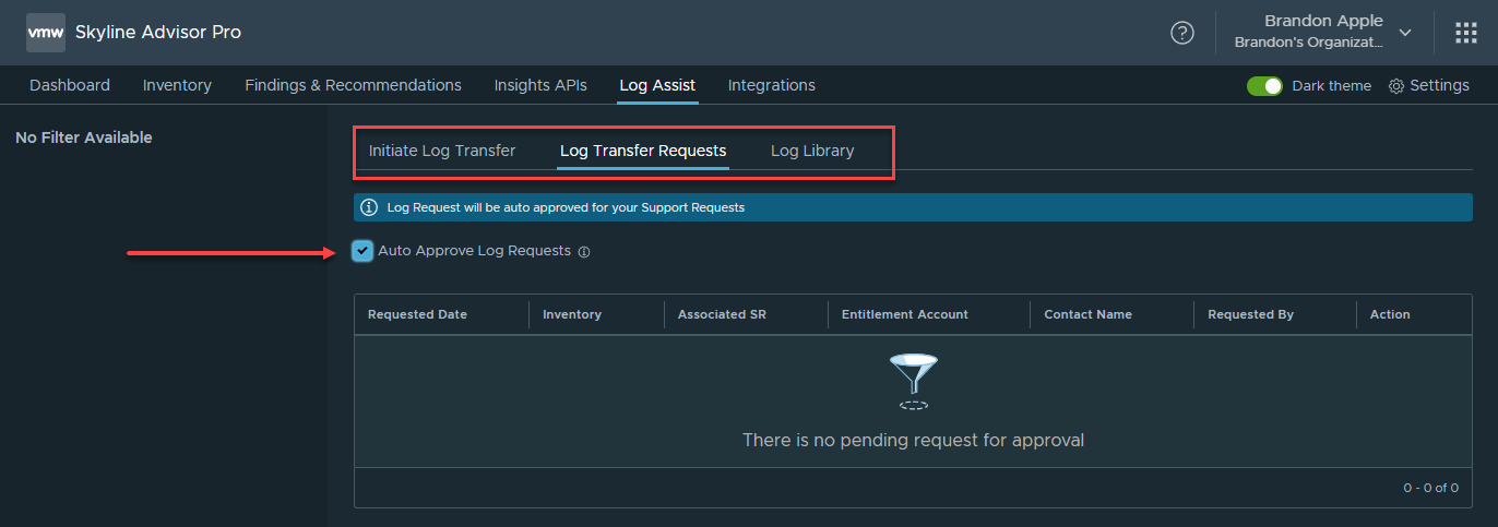 Proactive log gathering from VMware Skyline Advisor Pro