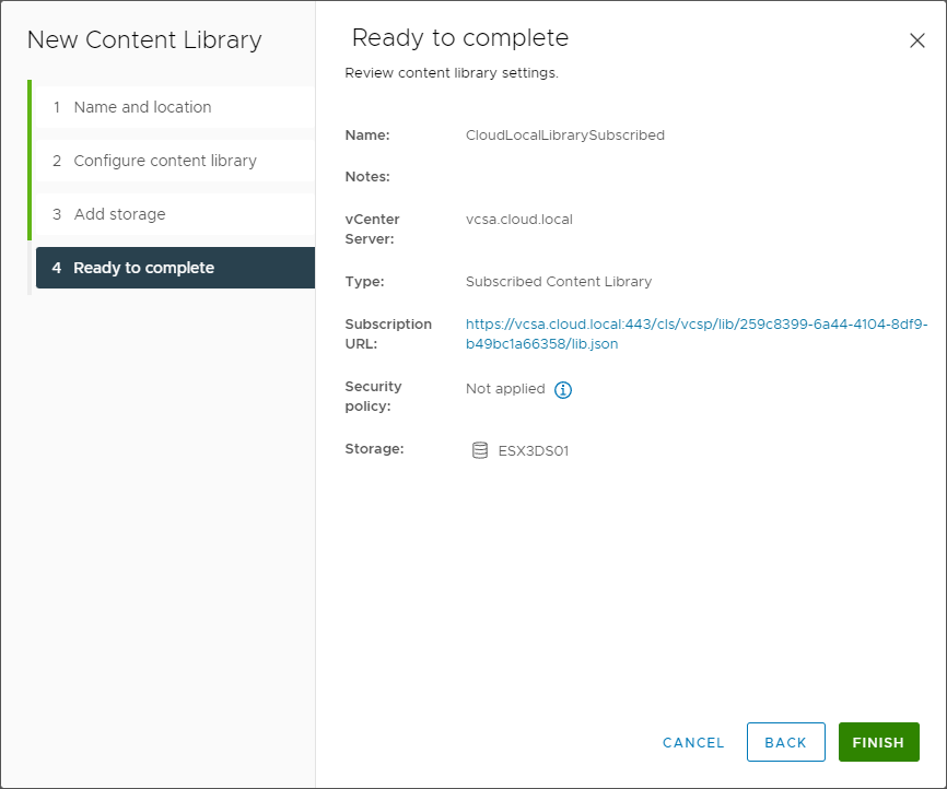Ready to complete adding a subscribed VMware Content Library