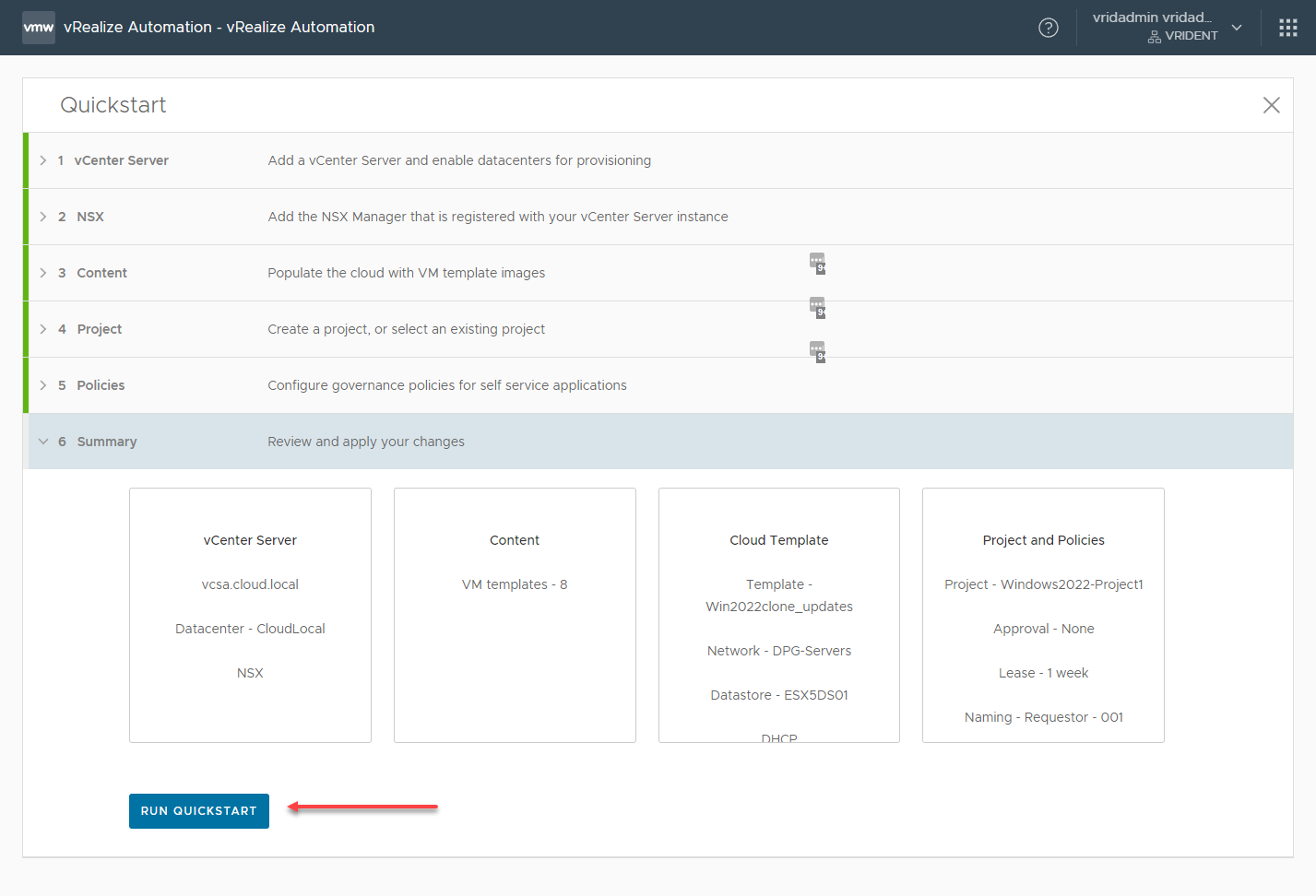 Running the vRA Quickstart