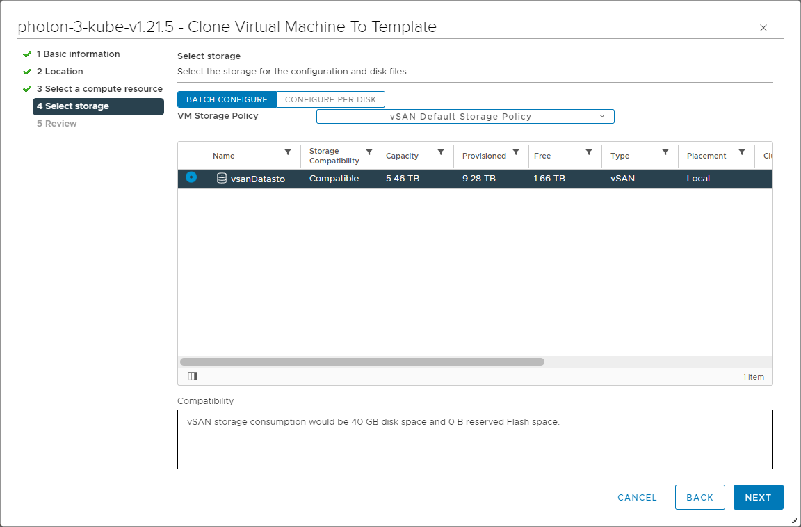 Select storage to house the VM template
