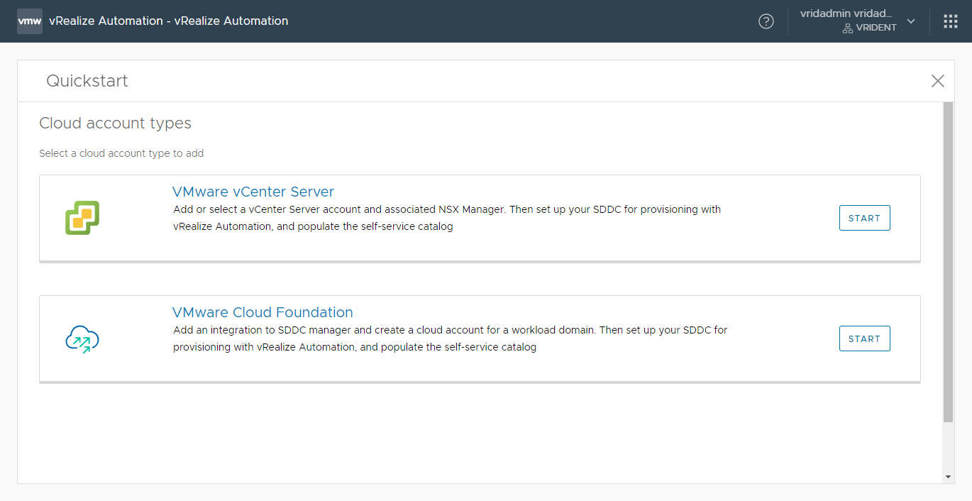 Select the account type to add during the vRA Quickstart wizard