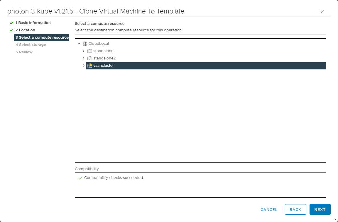Select the compute resource for the virtual machine template