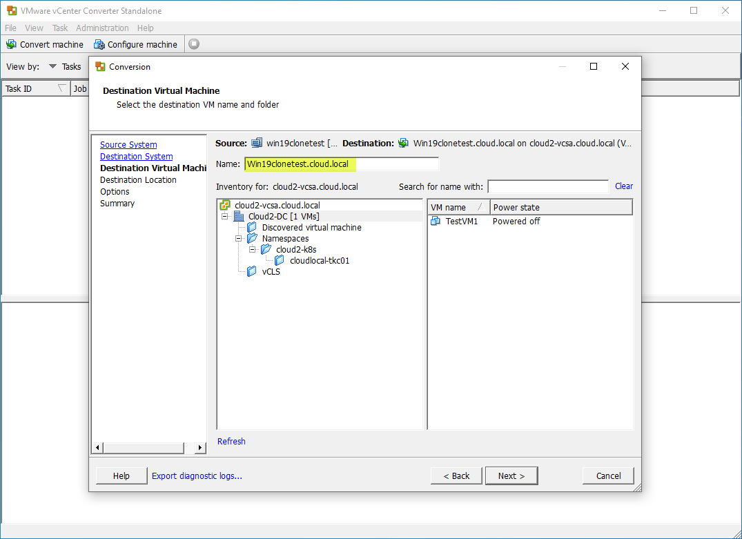 Select the destination VM name and folder