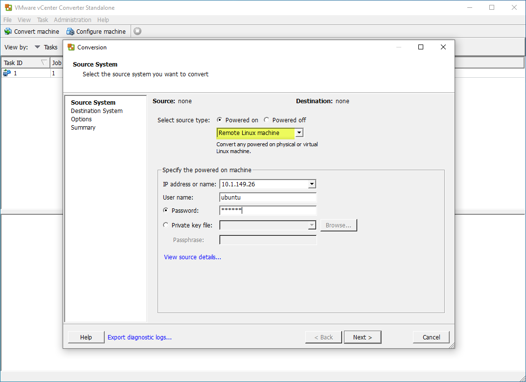 Select the remote Linux server and enter connection information
