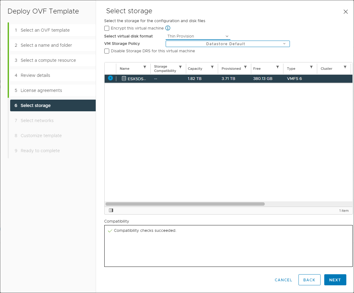Select the storage and storage policy for the Skyline Collector appliance