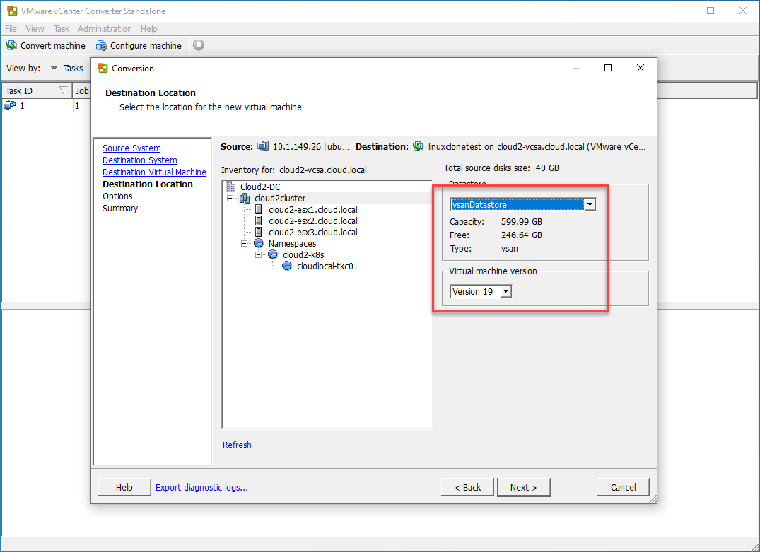 Select the storage and virtual machine version