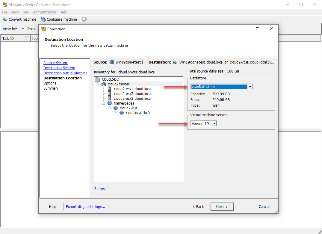 Select the storage and virtual machine version