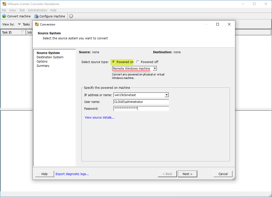 Selecting a remote Windows machine for cloning