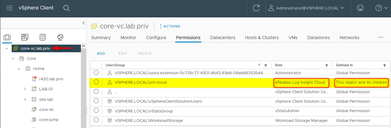 Set the permission at the root of the vCenter instance