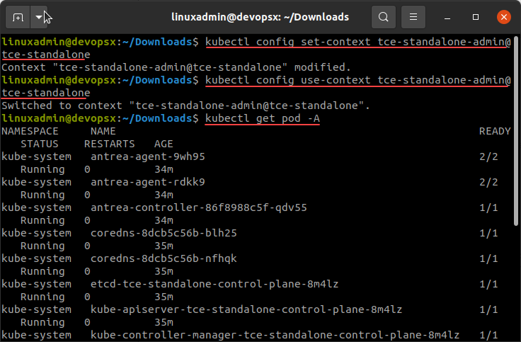 Setting and using the context for the standalone Kubernetes cluster in Tanzu Community Edition