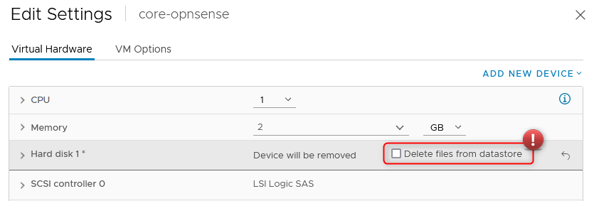 The ‘Delete files from datastore’ must be left unchecked