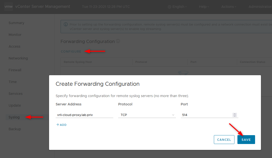 The default protocol and ports for Syslog servers is TCP 514