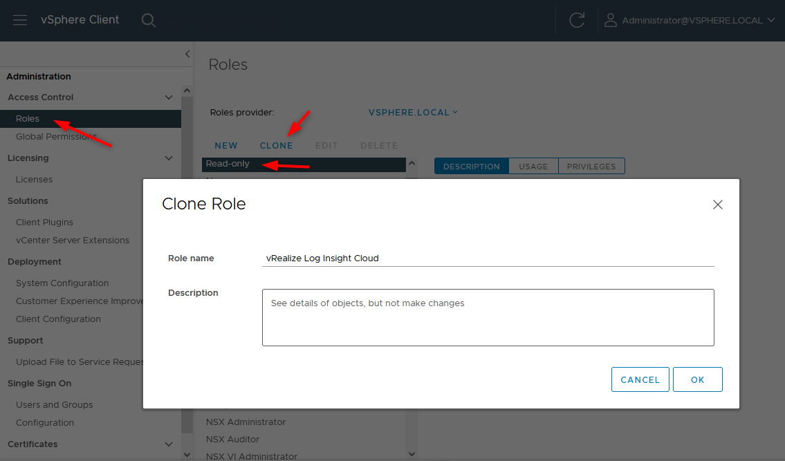 The read-only role must be cloned to create a dedicated role for vRLI Cloud