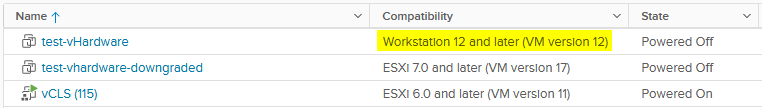 The VM shows the downgraded version after reloading the vmx file