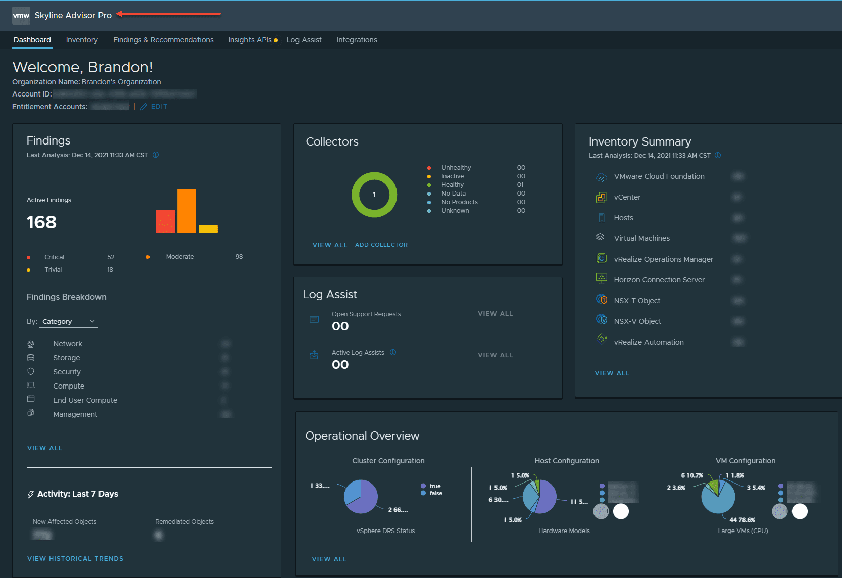 The VMware Skyline Advisor Pro dashboard