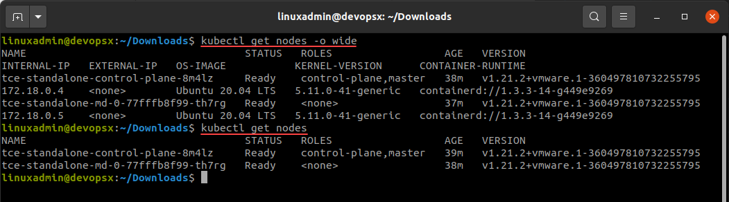 Using the kubectl command to view the Tanzu Community Edition Kubernetes nodes