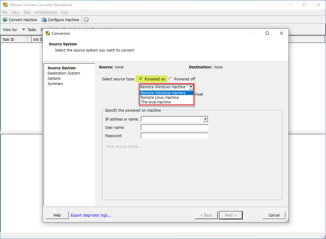 Using VMware Converter to convert a powered-on machine